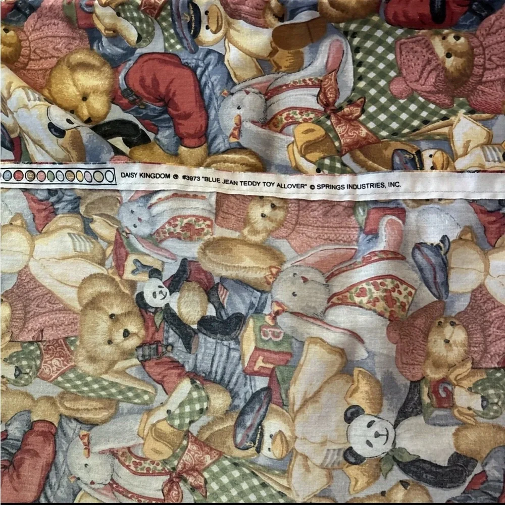 1990s Daisy Kingdom Teddy Bear Print Fabric Tablecloth and Napkins